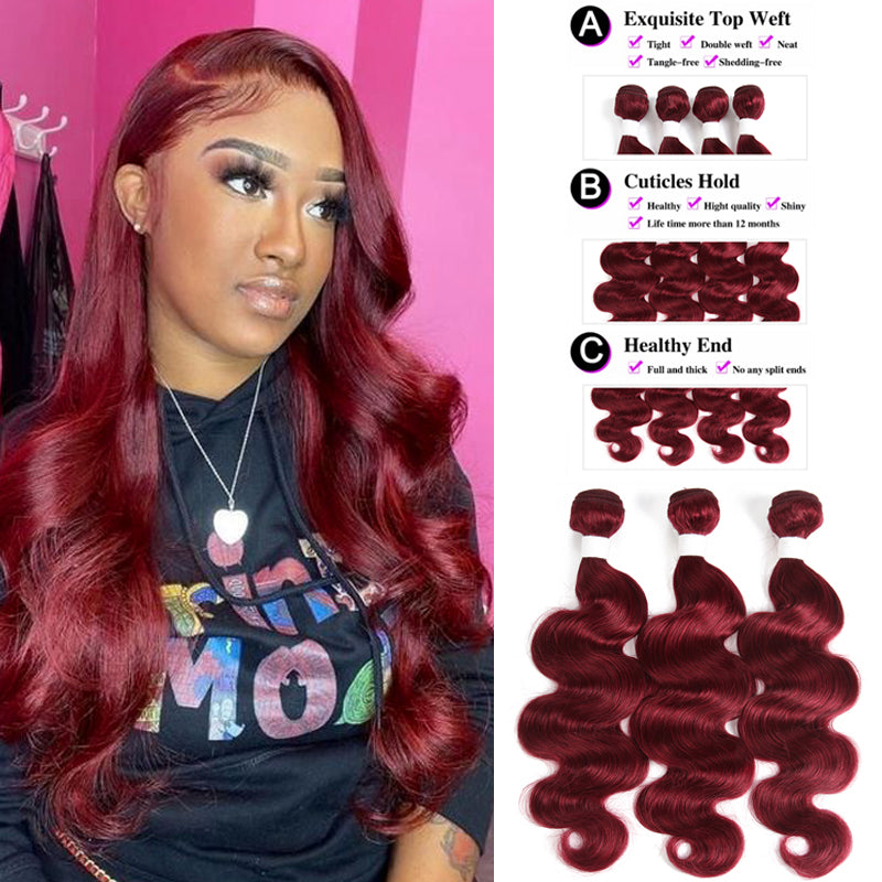 Kemy Hair Burgundy Body Wave Human Hair Weave Bundles 3 Bundle Deals